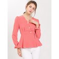 thumbnail image 2 of Blusa Allegra K con Peplum cuello V cintura de Lazo Decoración de Botones Mangas Largas trabajo Oficina para Mujeres Rojo Sandía M, 2 of 6