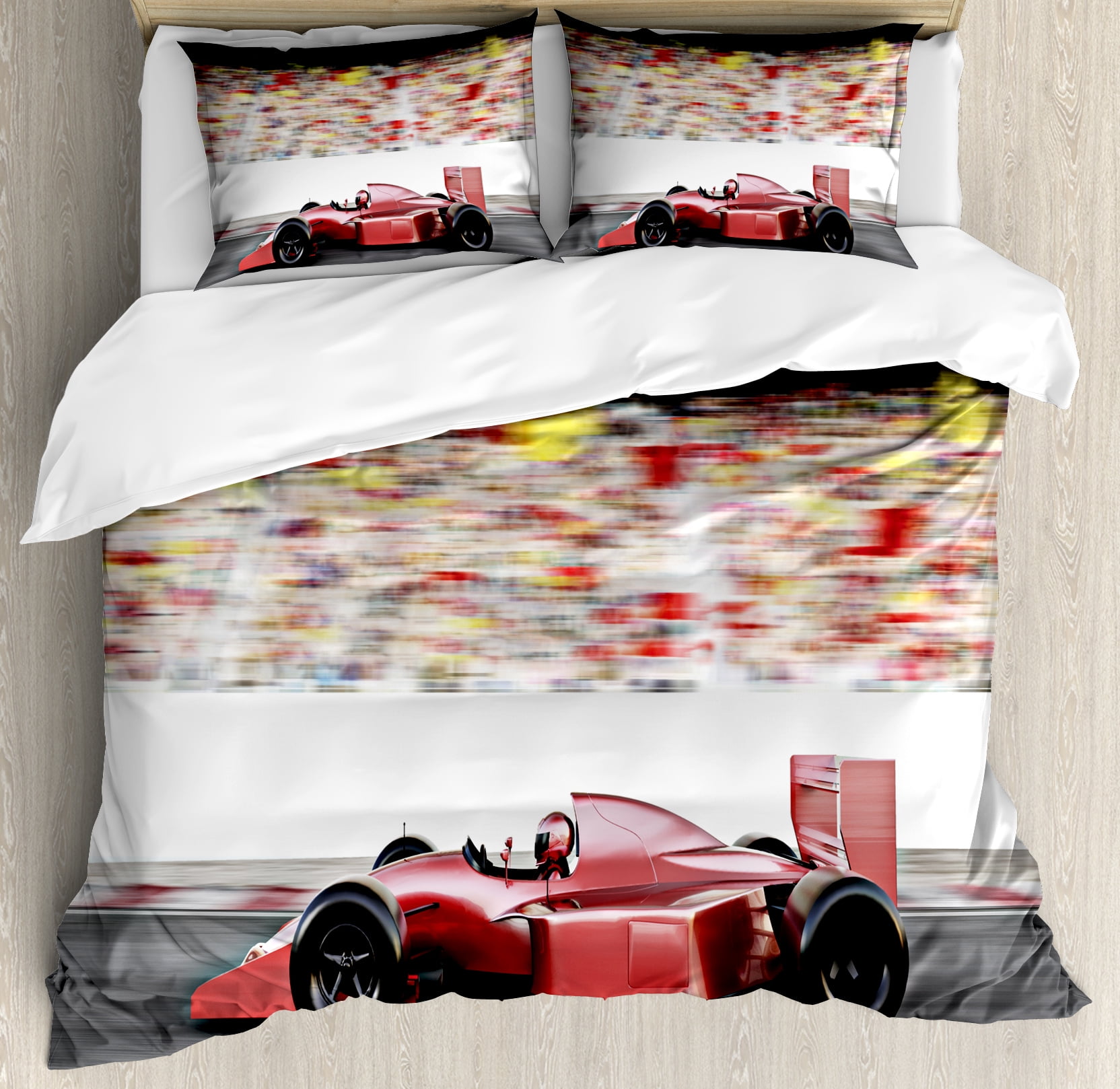 Cars Duvet Cover Set, Sports Theme Red Race Car Side View on a Track