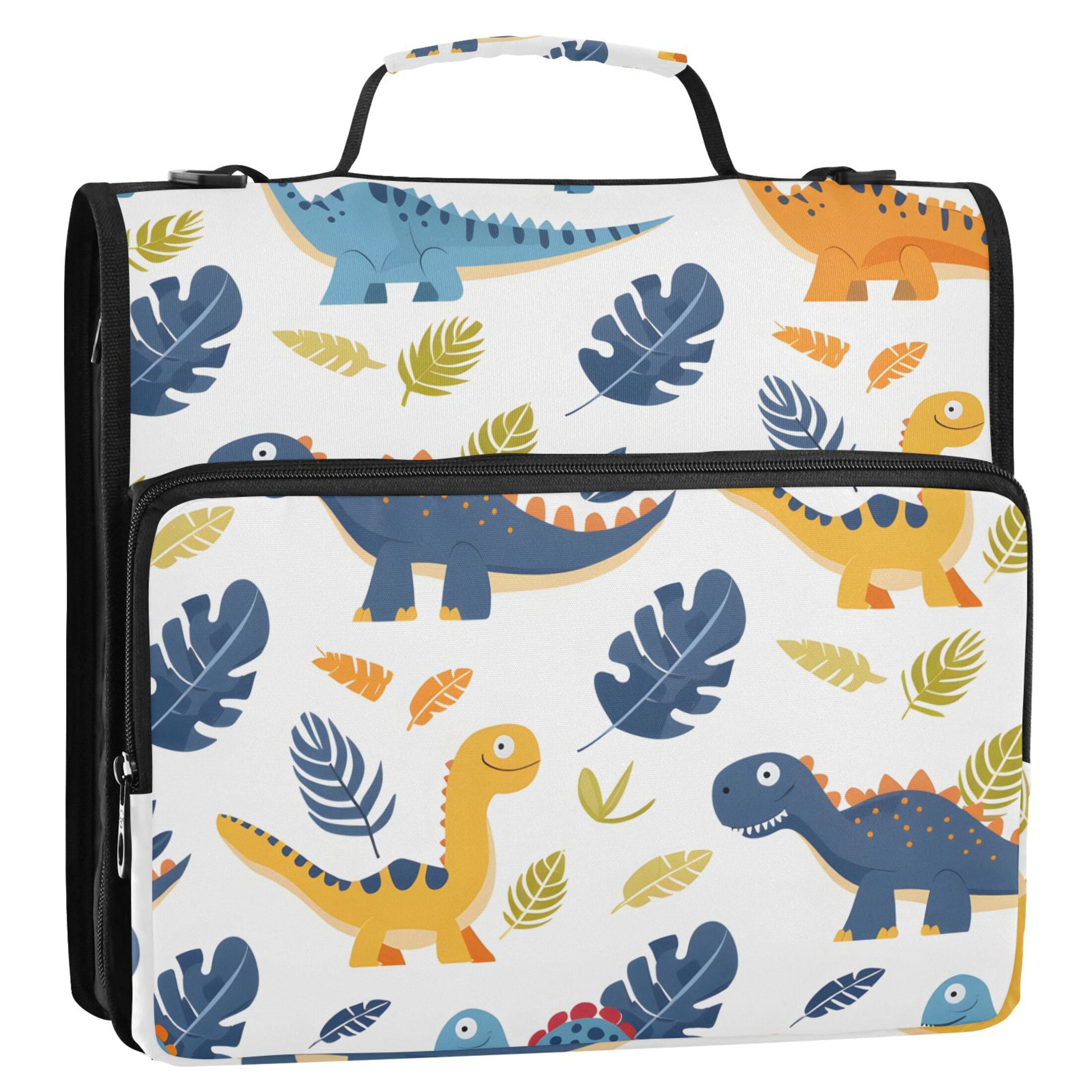3 Ring Zipper Binder with Shoulder Strap Waterproof Trapper Keeper 2 Inch D-Ring 500 Sheets Capacity Cartoon Dinosaur and Leaf