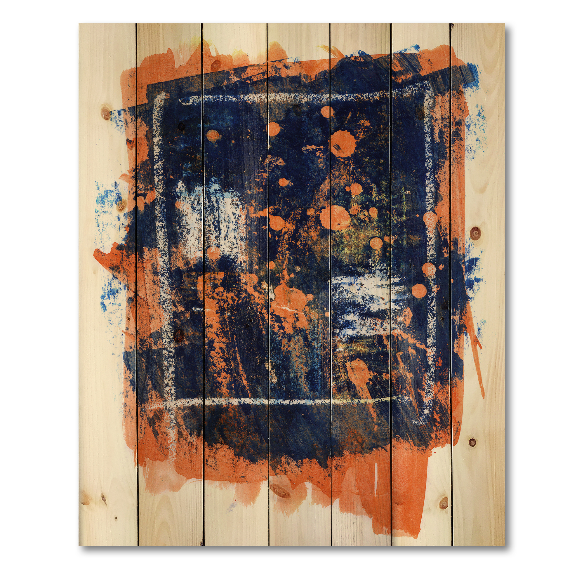 Designart 'Navy Blue and Orange Abstract' Modern Print on Natural Pine Wood