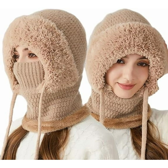 Visualizeh 3 in 1 Beanie Hat for Women, 3 in 1 Beanie Hat with Scarf and Mask, Warm and Drawstring Adjustable Size(Khaki)