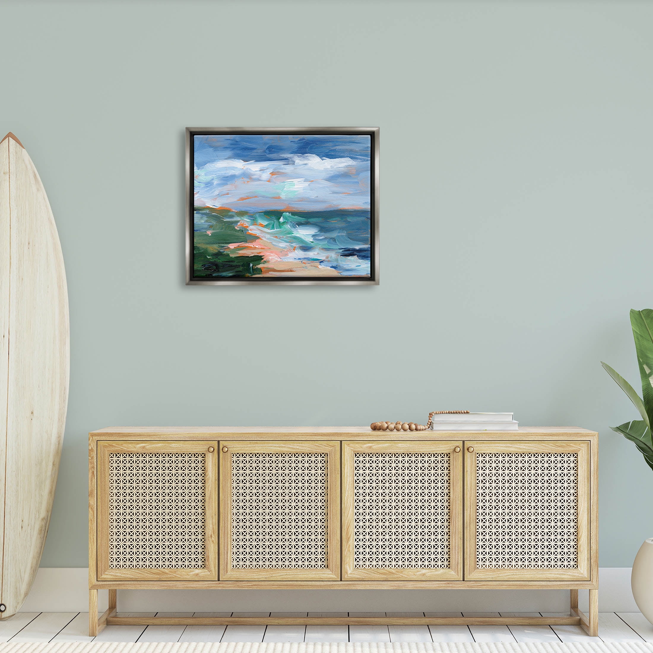 Crashing Beach Waves Abstract Scene Landscape Painting Luster Gray Framed Art Print Wall Art
