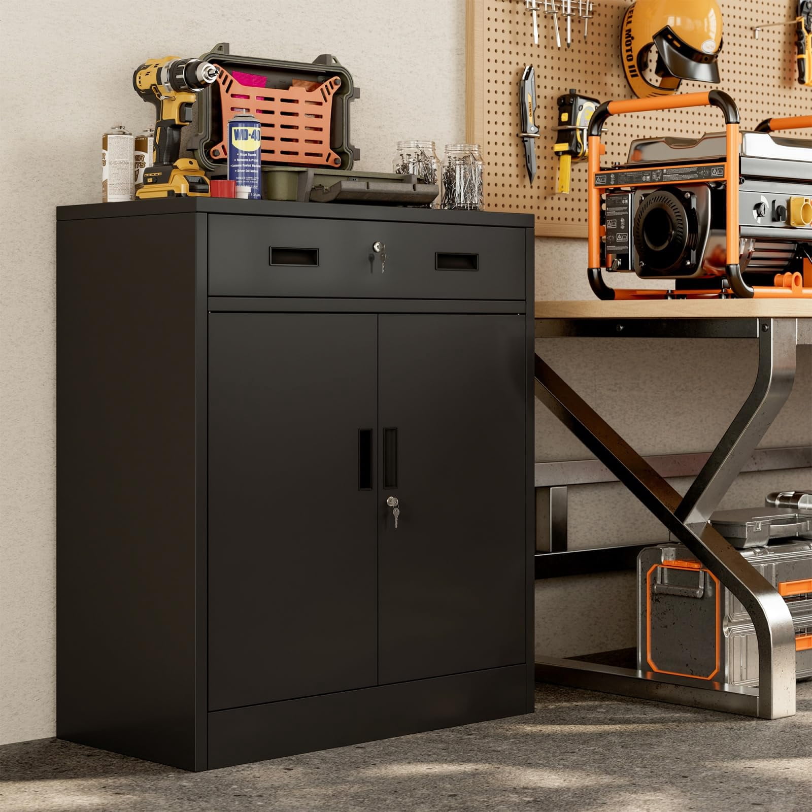BESFUR Metal Garage Storage Cabinet with 2 Doors and 2 Drawers, Locking Stoage Cabinet for Garage, Classroom and Office - Black