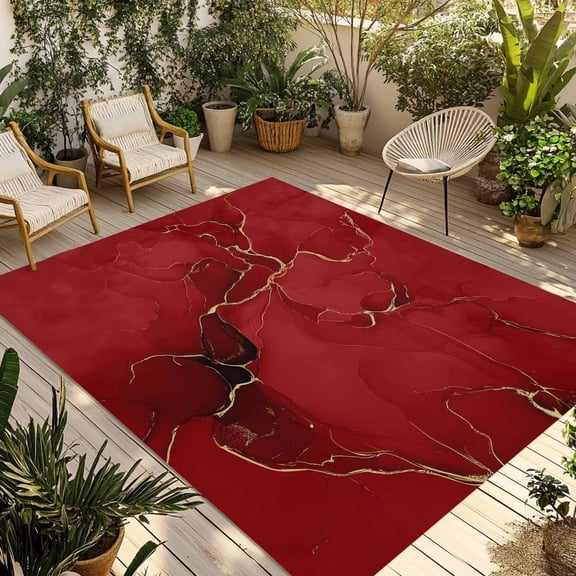 Abstract Outdoor Rug 4x6 ft Red Golden Marble Fluid Lines Non Slip Patio Rug Washable Absorbent Large Outdoor Carpet Outside Mat for Porch RV Garden Camping