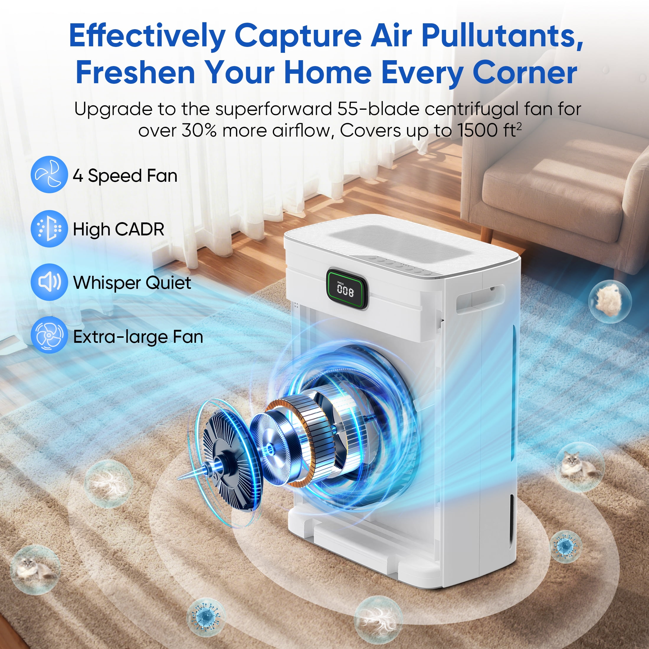 KEN BROWN Pet Air Purifiers for Home - 2500 ft² Large Coverage for Pet Families H13 HEPA Washable Filters, Smart WiFi-Perfect Christmas Gift for Pet Owners