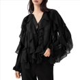thumbnail image 3 of Blusa Informal Elegante para Mujer, de Larga, con Cuello en V y Volantes, Ideal para Oficina y Trabajo. Negro M, 3 of 8
