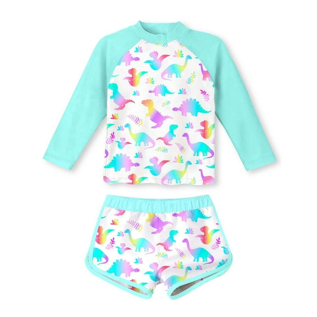 Kid Girls Rash Guard Swimwear Hawaiian Ruffle Long Sleeve Sun Protection Girls Bathing Suit for Girls 8-9 Years