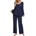 thumbnail image 2 of INSPIRE CHIC Women's Pajama Set Soft Modal Contrast Color Long Sleeve Shirt and Pants Sleepwear 2pcs L Navy, 2 of 5