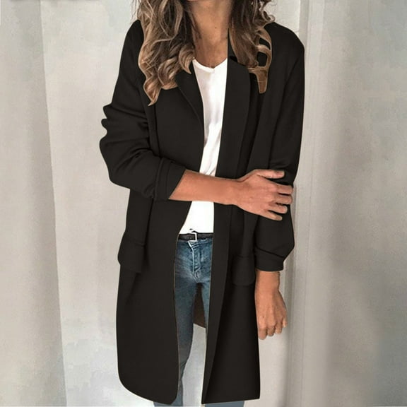 Jacenvly Winter Coats for Women Solid Blazer Jacket Soft Warm Long Sleeve Outerwear Lapels Pocket Jacket Leisure Trendy Long Tops