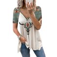 thumbnail image 1 of Puntoco Mujeres Casual Retro Occidental Impresión Azteca Manga Corta Étnico Cuello en V Cremallera Camisetas tops Puntoco Puntoco-3361, 1 of 7