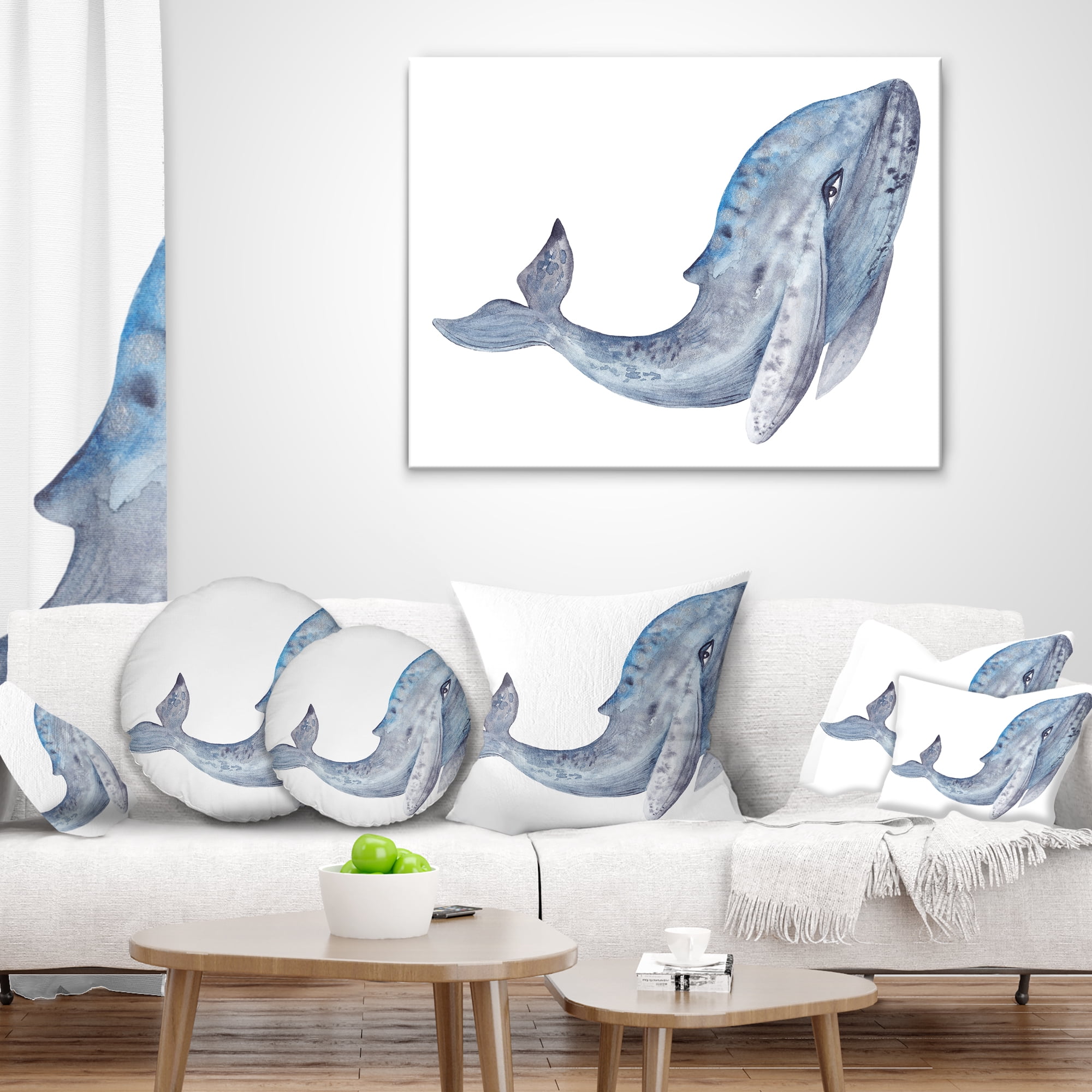 Designart Large Whale Watercolor - Animal Throw Pillow - 16x16