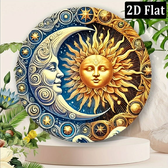 Vintage Sun and Moon Wall Art 8*8 Inch Round Aluminiun Plaque for Home & Garden Decor, Personalized Gift for Bedroom, Modern Office, Cafe Wall Decorations, Manufactured Wood, Wall Hanging, Multipu