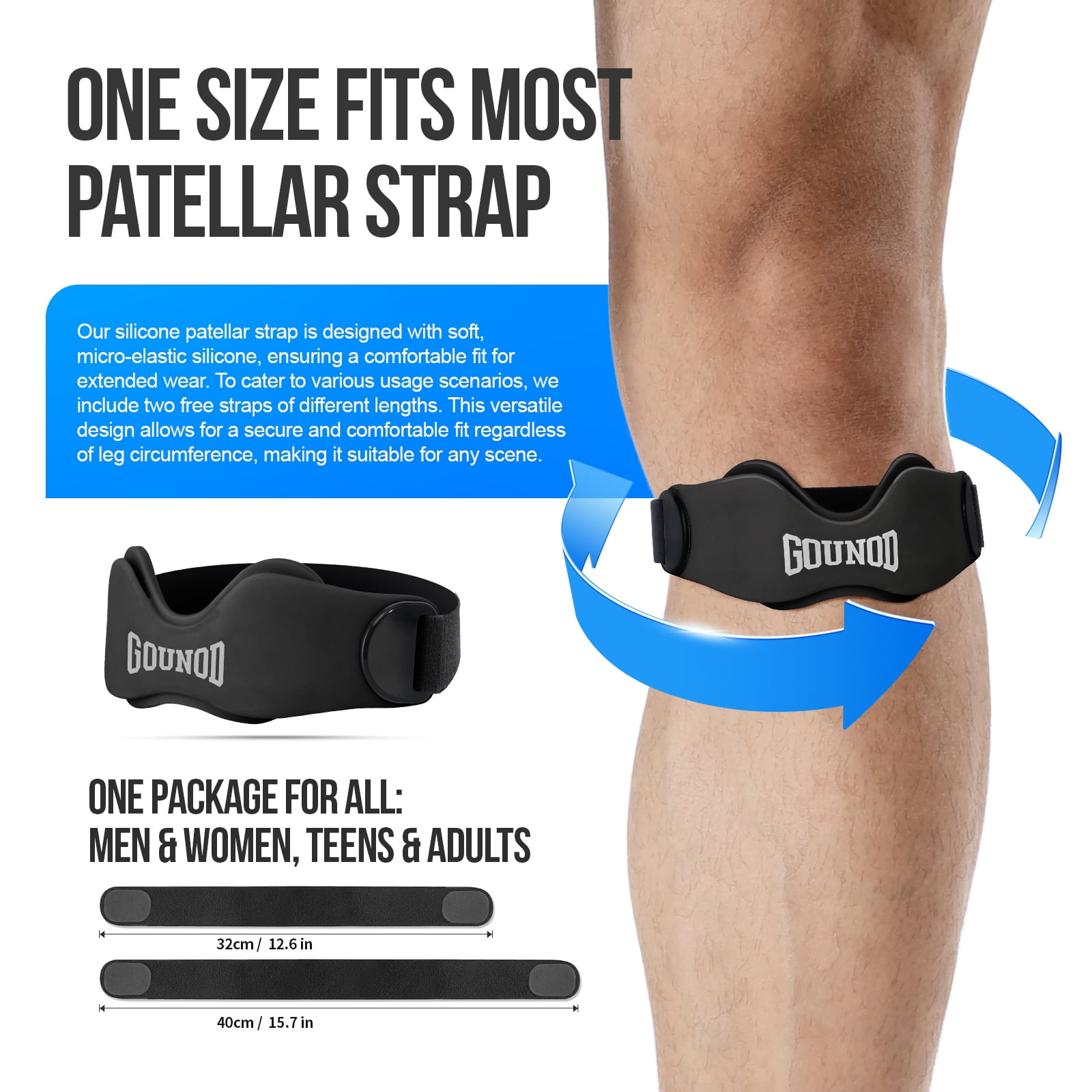 GOUNOD Patellar Tendon Support Strap 2 pack, Adjustablle Anti-Slip Knee Wrap, Unisex Knee Support for Running Cycling