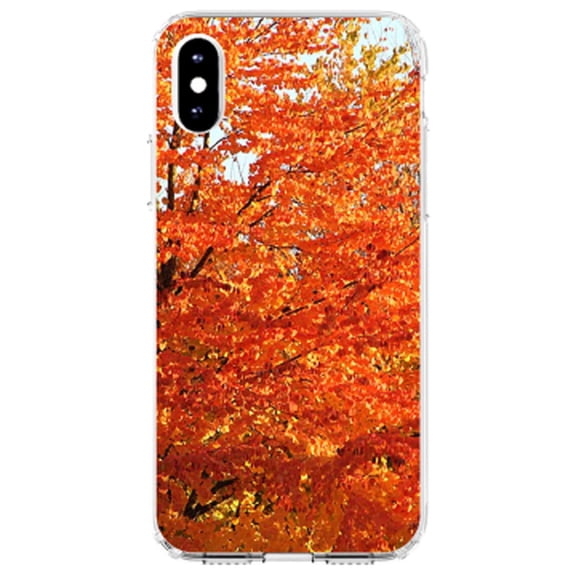 DistinctInk Clear Shockproof Hybrid Case for iPhone XS Max (6.5" Screen) - TPU Bumper, Acrylic Back, Tempered Glass Screen Protector - Orange Autumn Leaves