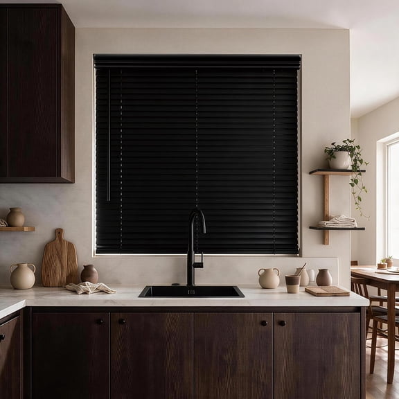 2 Inch Cordless Faux Wood Blinds Jet Black 34.5" W x 36" H Embossed Waterproof Room Darkening