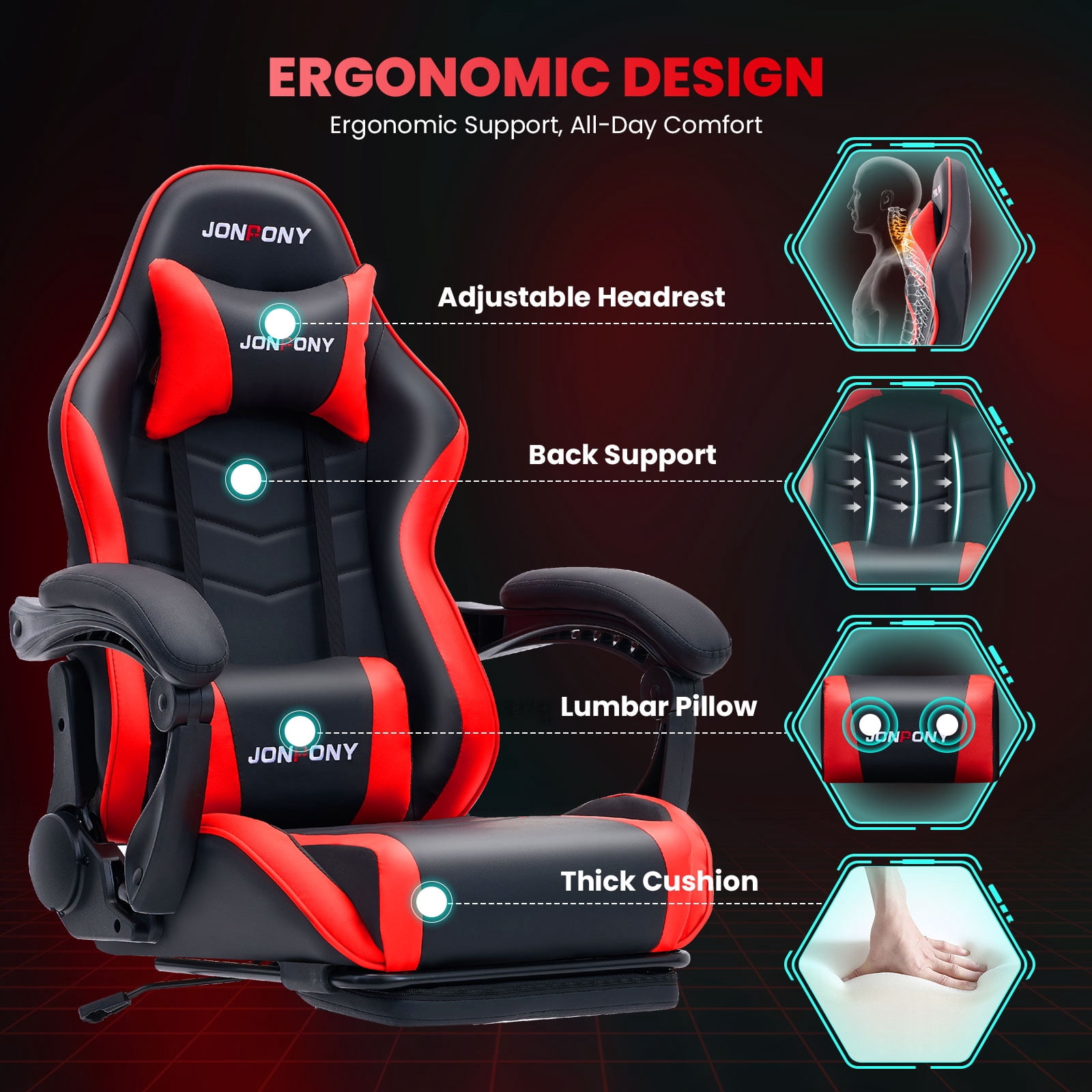 JONPONY Big and Tall 500LBS Gaming Chair, Ergonomic High Back Gamer Chair with Footrest Lumbar Support, PU Leather Office Computer Chair for Long Sitting, Red