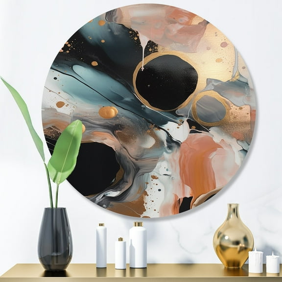 Designart "Meditative Marbling in Black and Gold" Abstract Marble Metal Round Wall Art