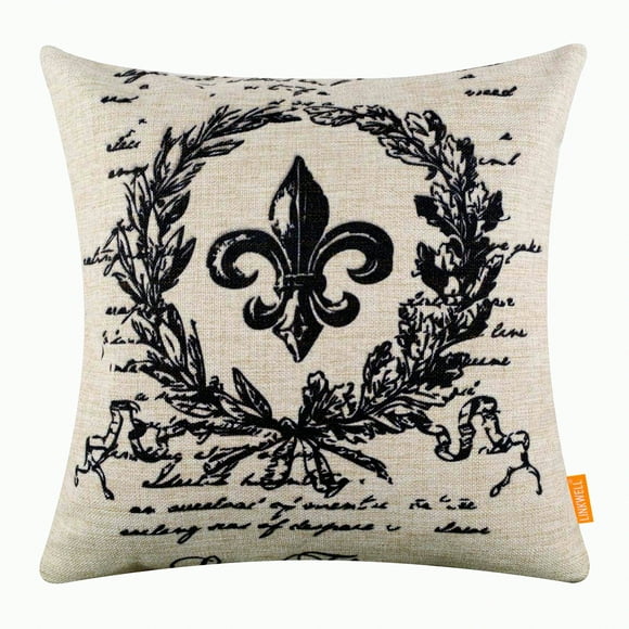 French Country Fleur De Lis Burlap Pillow Cover - 18X18 Inch Cushion Case for Sofa Couch Decoration - Black Word Design CC623