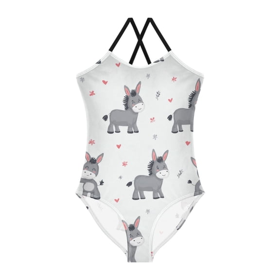 Girls' One-piece Swimsuit Cross Back Bathing Suit Beach Surfing Sizes 3T-10T Grey Cute Donkeys Pattern