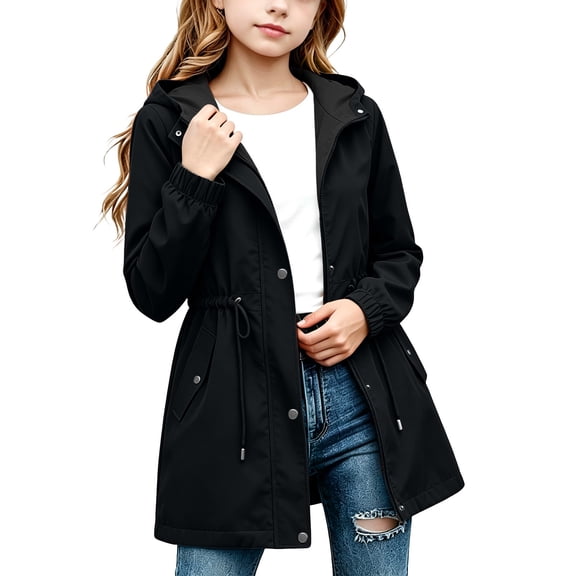 Lutiedan Rain Jacket for Girls Lightweight Waterproof Zip Up Rain Coats Windproof Hooded Windbreaker with Pocket Size 5-16