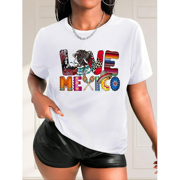 Camiseta De Mujer De Verano Ligera Básica Para Mochilero, Camping, CaminarLove Mexico Graphic Short Sleeve Sports T-shirt, Round Neck Casual T-shirt Top, Women's ActivewearFather's Day, Mother's Day