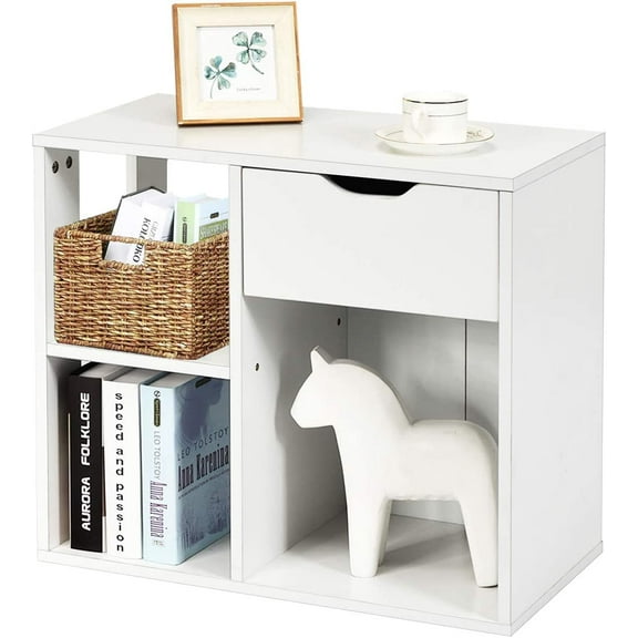 GORELAX White End Table, Wooden Sofa Side Table with Drawer and 2 Shelves, Rectangle Small Bedside Table, Bookshelf Bookcase Nightstand for Small Space, Home Office, Entryway, Living Room (1)