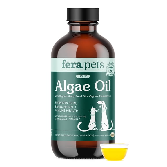 Fera Pets Algae Oil for Dogs & Cats with Vitamin E - Vegan Omega-3s - Immune, Heart, Brain & Skin Support - 8 oz