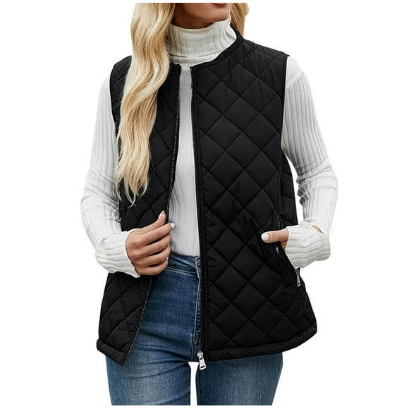 Qholemyo Puffer Vest for Women Lightweight Casual Sleeveless Full Zip Up Down Vest Jacket Loose Comfy Cotton Winter Warm Waistcoat Fashion Solid Quilted Vest Outerwear with Pockets