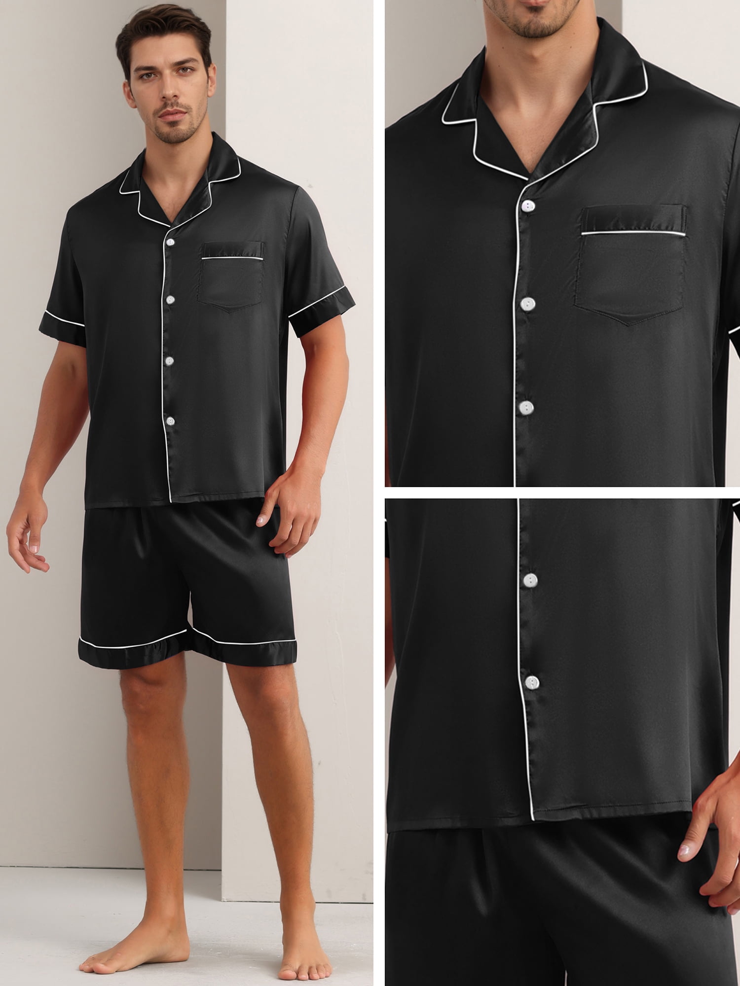 DARING DIVA Men's 2-Piece Satin Short Sleeve Nightwear Shorts Pajamas Set M Black