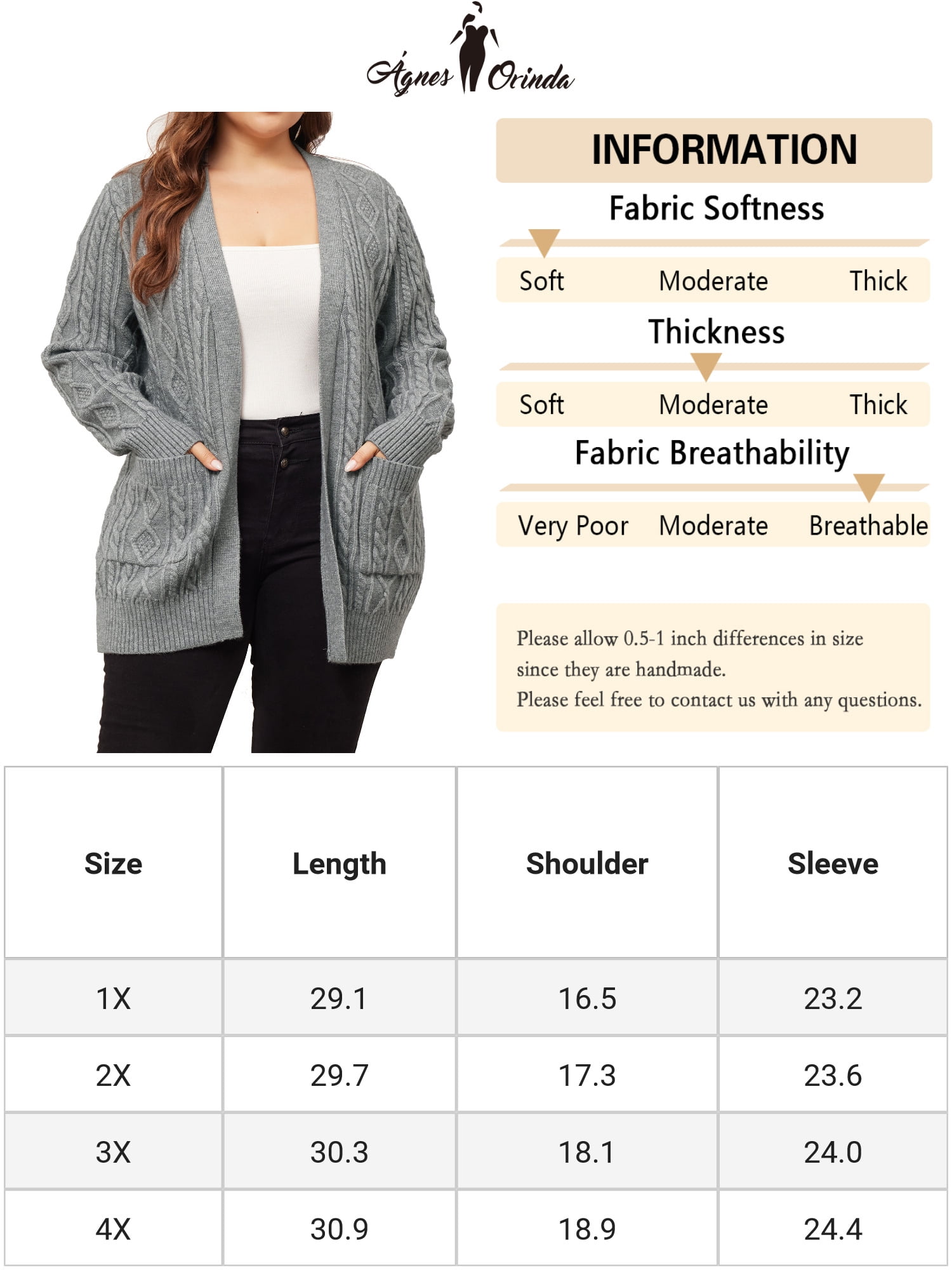 DARING DIVA Women's Plus Lightweight Long Sleeve Open Front Sweater 3X Gray