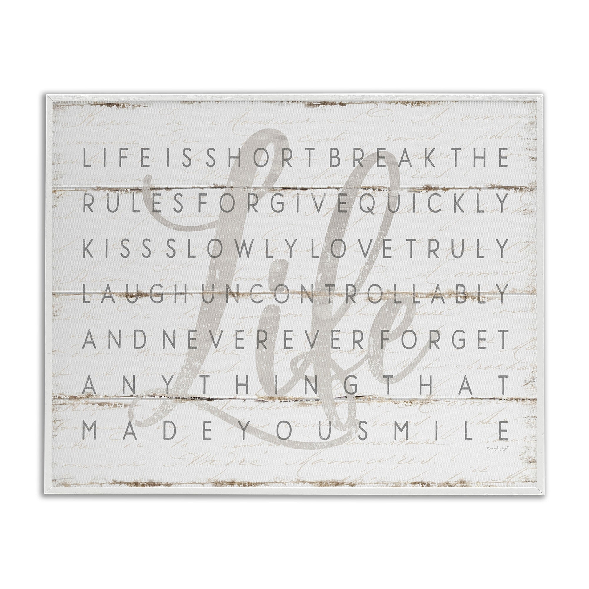 Stupell Industries Life Is Short Smile Grey on White Planked Look Graphic Art White Framed Art Print Wall Art, 11x14, by Jennifer Pugh