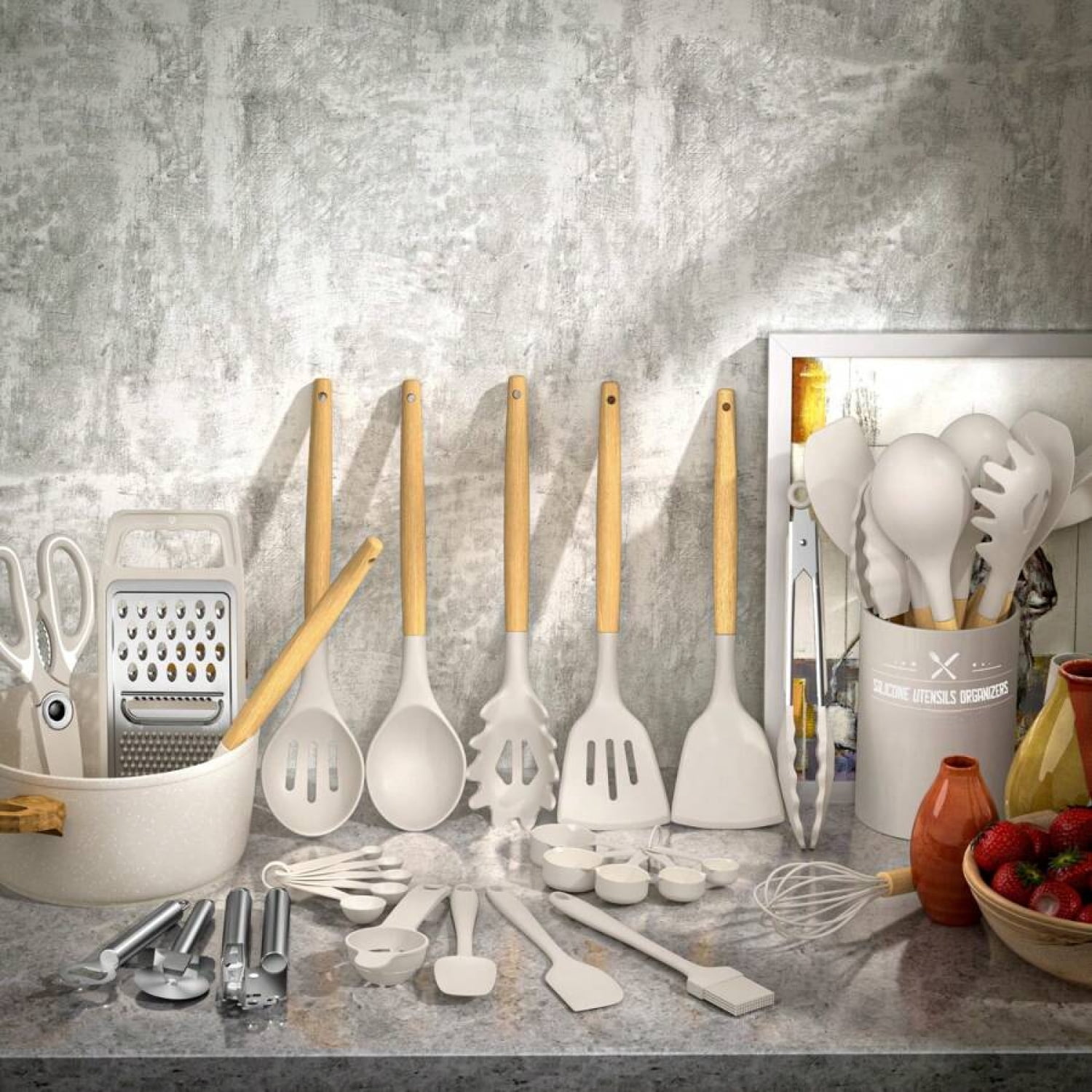 NTGFU Khaki Kitchen Utensils Set- 34PCS Silicone Cooking Utensils with Holder, for Nonstick Cookware,Perfect for Thanksgiving,Mother's Day Cooking and Gifting