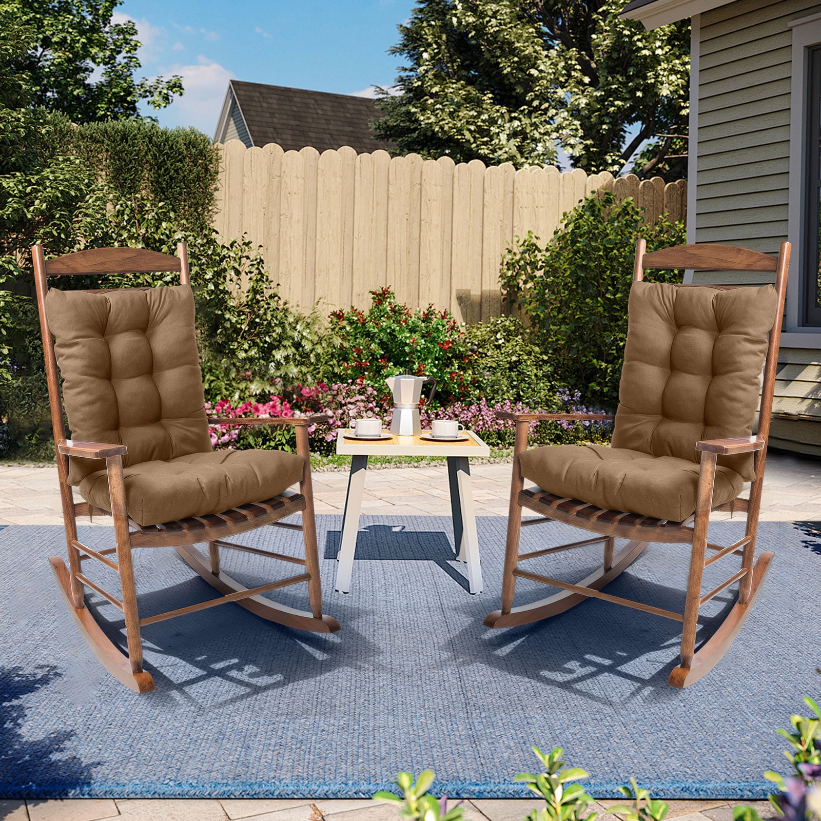 TOPCHANCES Indoor/Outdoor Rocking Chair Cushions Set, 2 Piece Tufted Comfortable Cushions for Rocking Chairs with Non-Slip Ties, Khaki