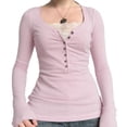thumbnail image 2 of Y2k Tops for Women with Floral Lace Patchwork Slim Fitted Cotton Knit Tee Shirt Long Sleeve Base Fall Spring Tops (L, Pink), 2 of 8