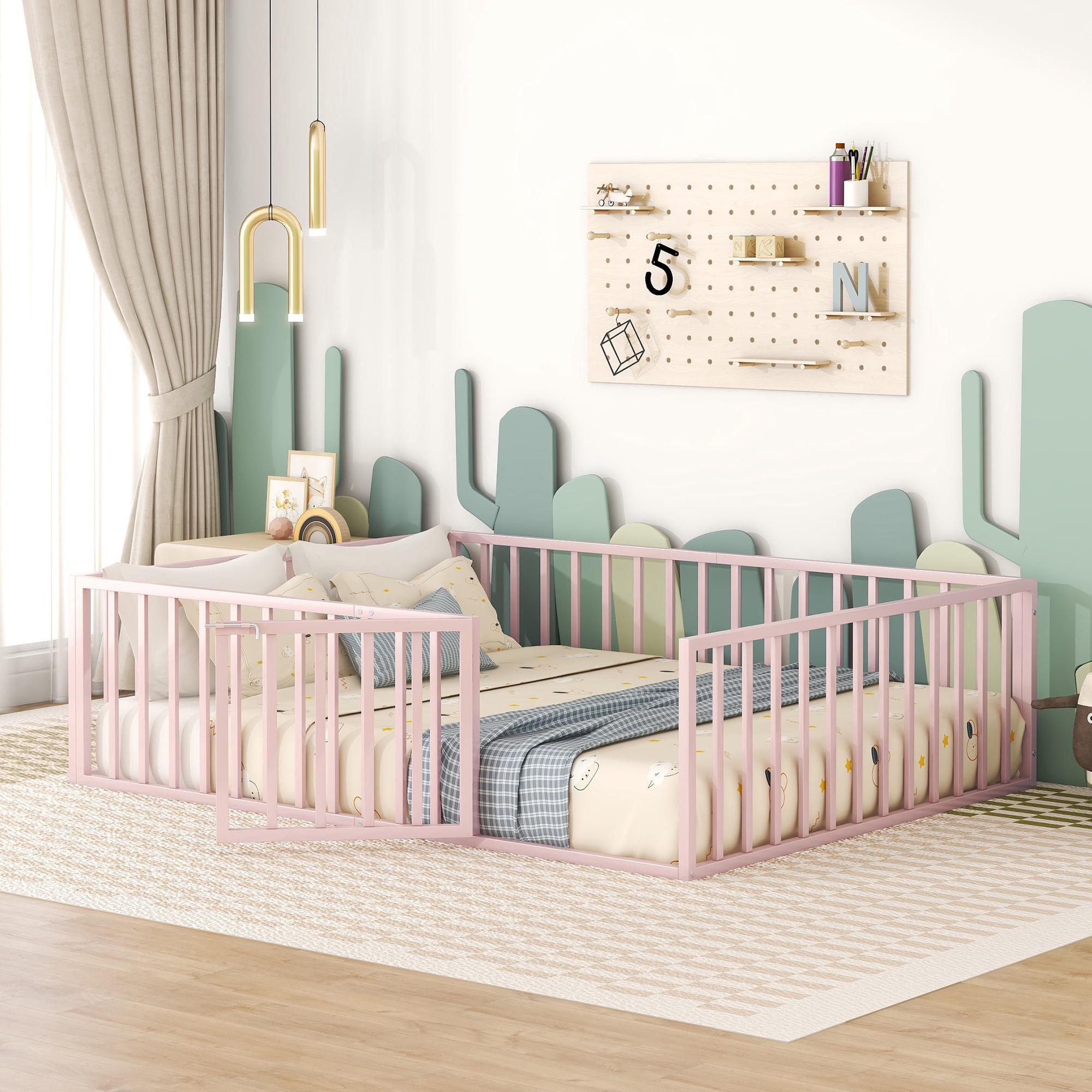 Queen Size Floor Bed with Fence and Door, Low Profile Metal Montessori Bed Frame with Slats Supports,Easy Assembly, No Box Spring Needed,Pink