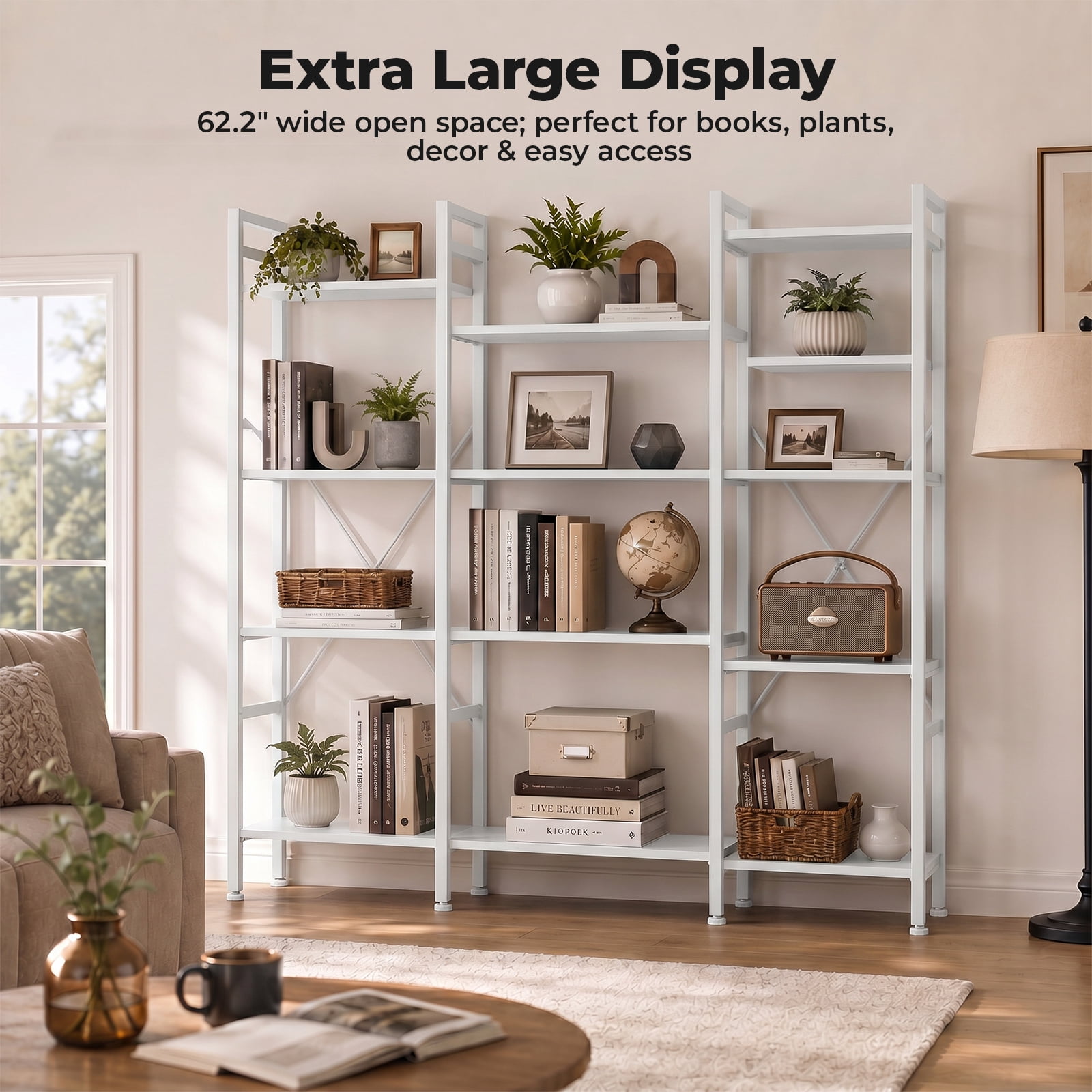 Alvantor Three Columns and Four Layers Bookshelf, Wide Bookcase with 11 Open Display Shelves, Adjustable Storage Shelf for Home & Office