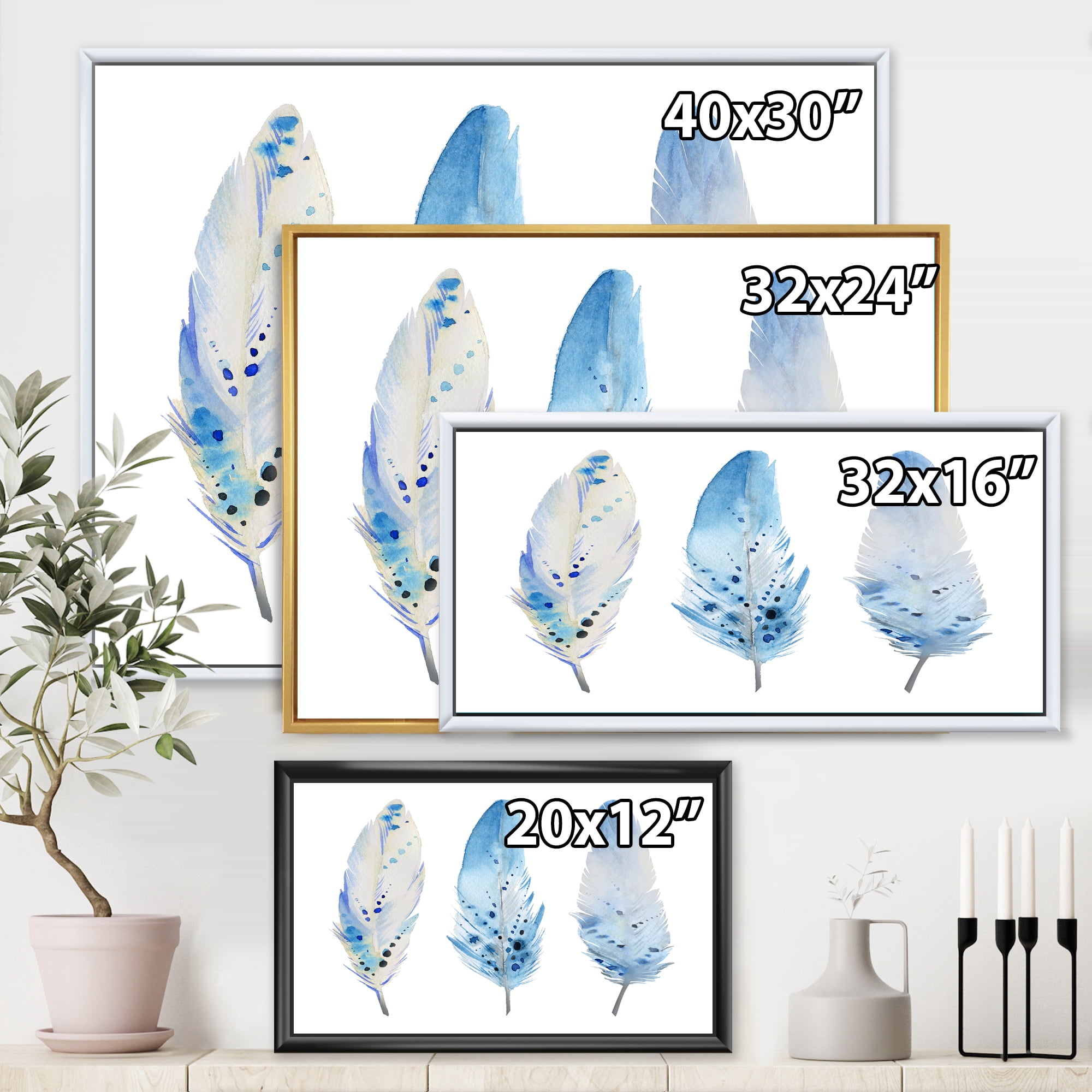 Designart 'Abstract Blue Boho Feathers II' Lake House Framed Canvas Wall Art Print