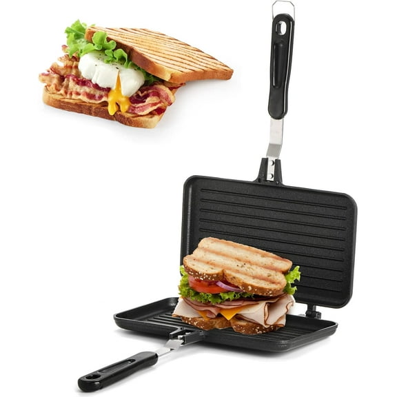 Sandwich Maker, Non-stick Grill Panini Maker Pan with Handle, Stovetop Toasted Aluminum Flip Pan Indoor Outdoor Camping Home Kitchen Breakfast
