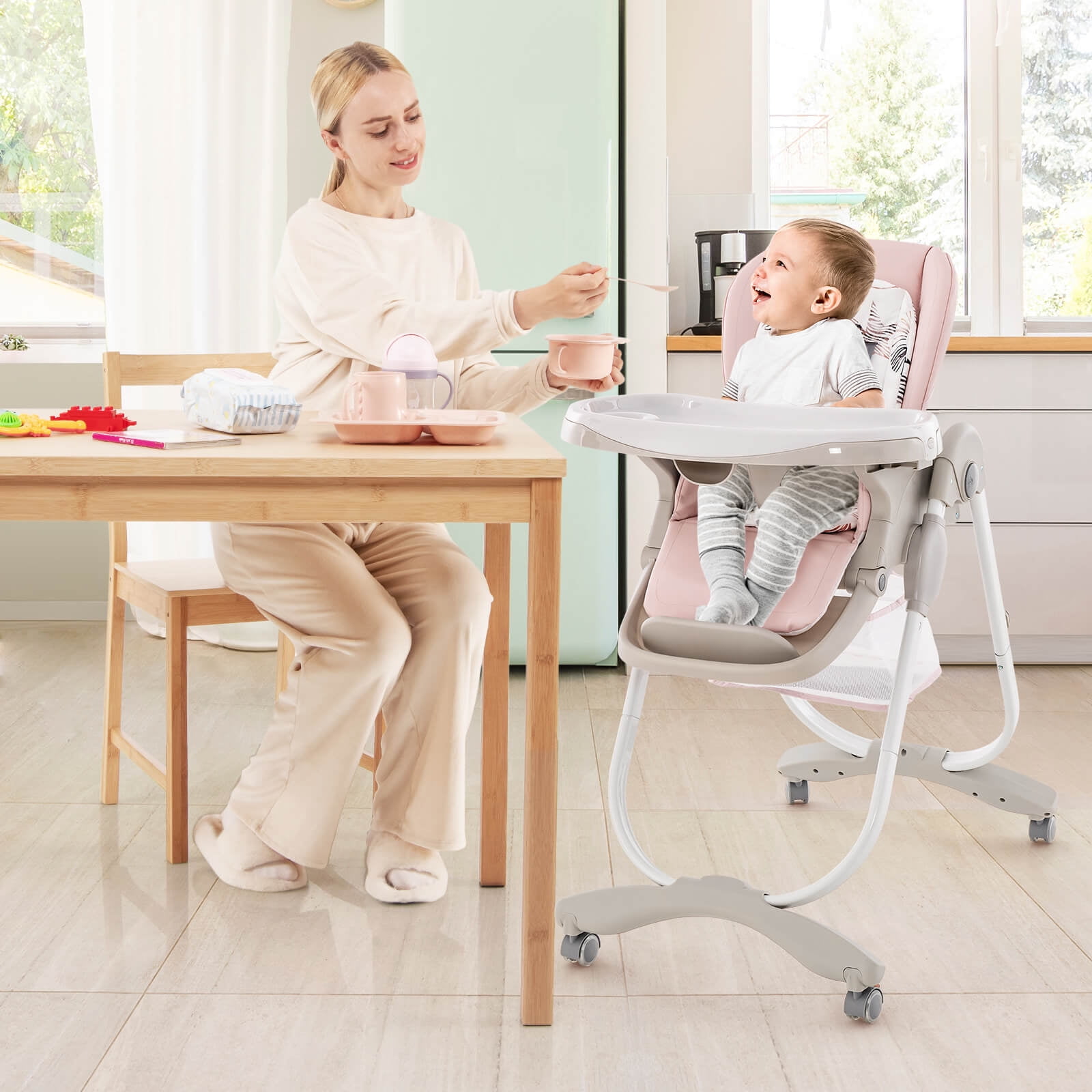 Infans High Chair for Babies & Toddlers w/ Rolling Wheels Adjustable Height Footrest