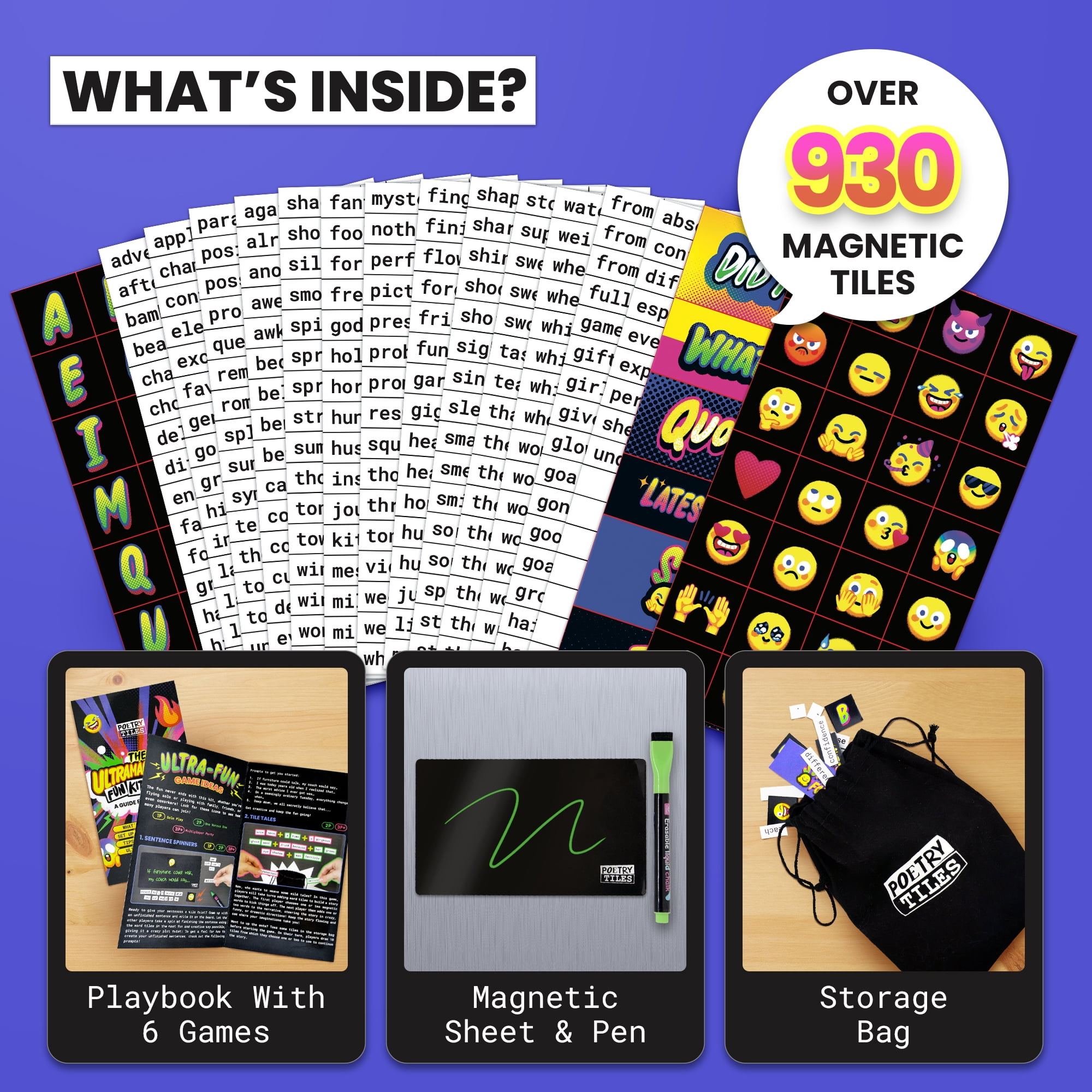 Poetry Tiles Ultramagnetic Fun Kit - Includes 6 Funny Fridge Poetry Games for Friends and Family - 700+ Words Magnets, Emojis, Header Tiles, Black Board, Liquid Chalk Pen, and Storage Bag