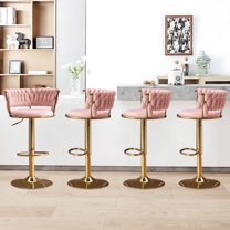 Velvet Swivel Bar Stools Set of 4, Adjustable Height Barstools with Woven Back and Footrest for Kitchen Island, Dining Room, Pink