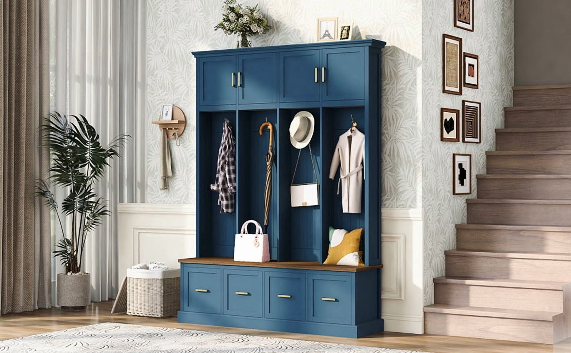 Mintazer 78” Tall Farmhouse Entryway Hall Tree with Coat Rack Hooks, Cabinets, Drawers & Shoe Storage Bench for Living Room, Bedroom, Hallway, Navy Blue
