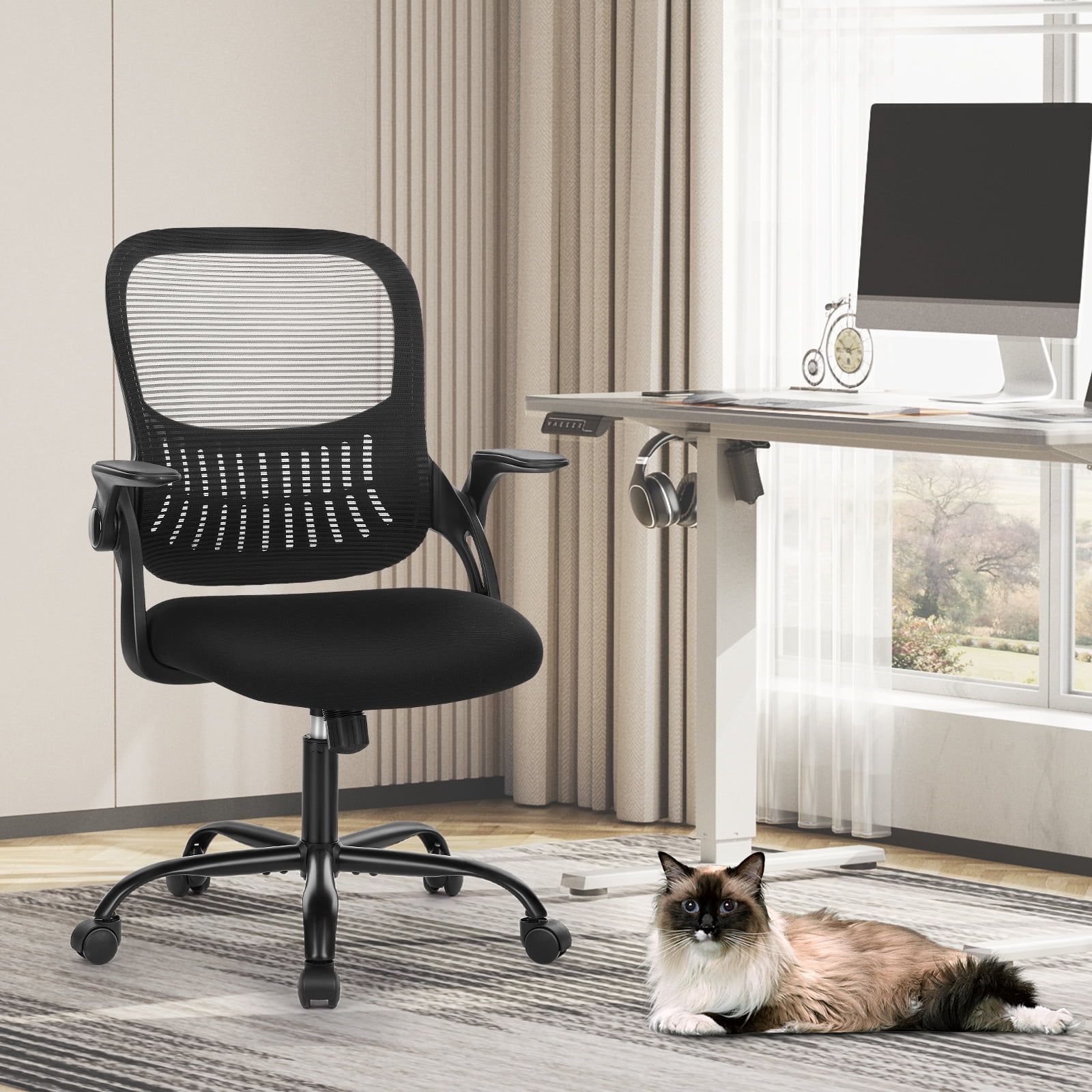 JOINSUN Office Computer Desk Chair, Ergonomic Mesh Mid-Back Rolling Work Swivel Task Chairs with Lumbar Support and Flip-up Arms for Home, Bedroom, Black