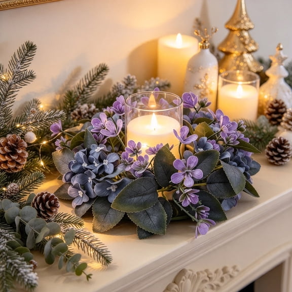 Artificial Purple Floral Candle Ring Wreath 9.84 in Faux Eucalyptus Winter Centerpiece for Christmas Tabletop Window Mantel Decor