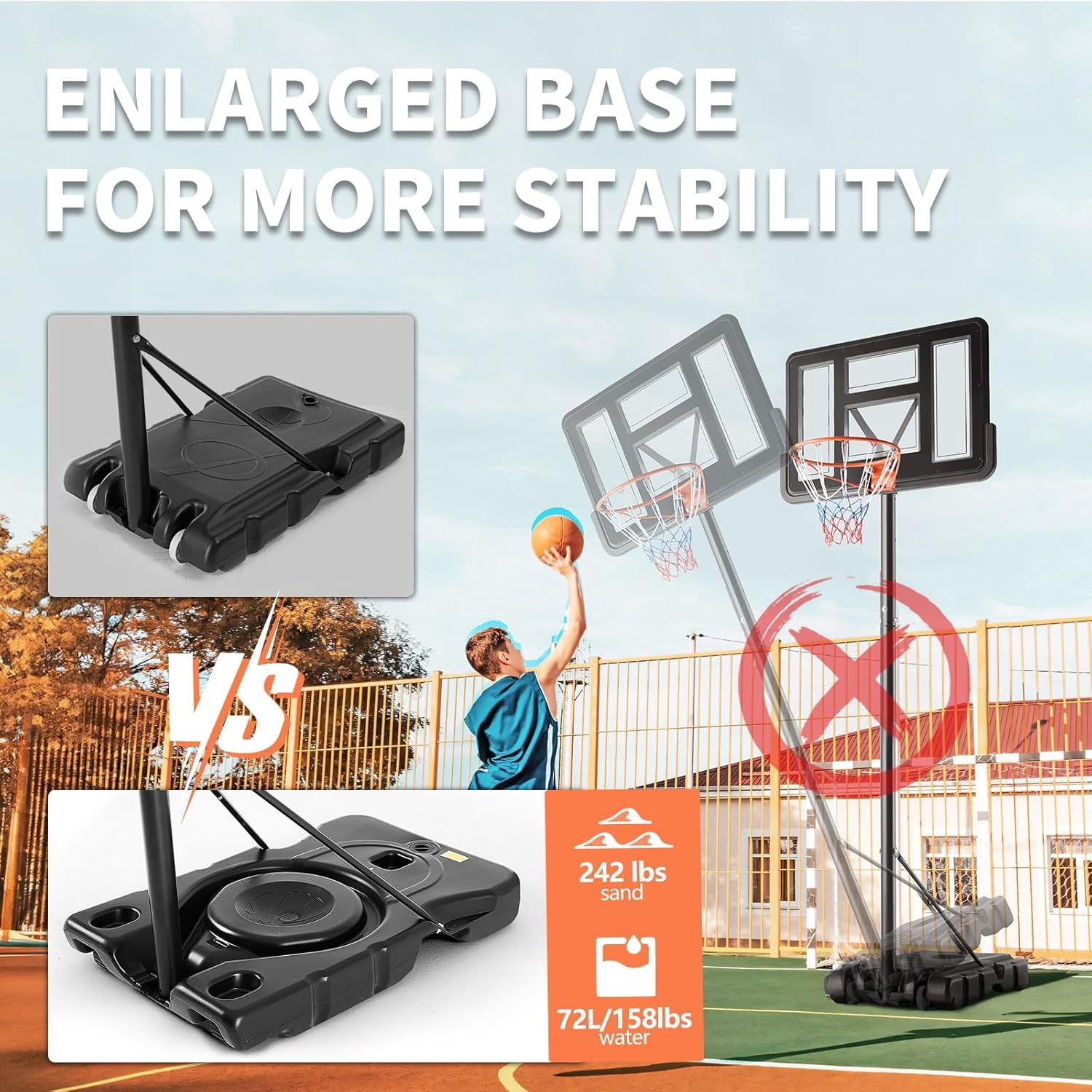 10FT Adjustable Height Portable Basketball Hoop Outdoor for Adult, 44 Inch Shatterproof Backboard w/Shock Absorbent Rim, Fillable Base, 2 Wheels for Swimming Pool/Indoor