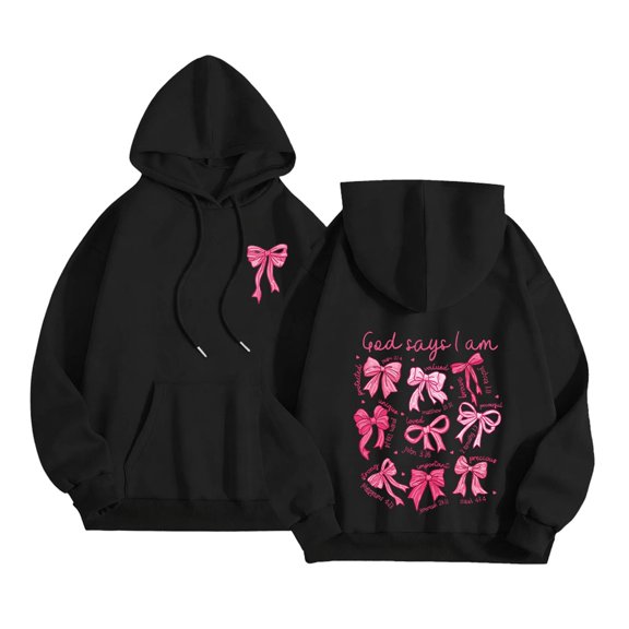 Multiple Bow Scripture Print Hoodie Women's Oversized Drawstring Pullover Sweatshirt for Fall Winter Casual Outfits