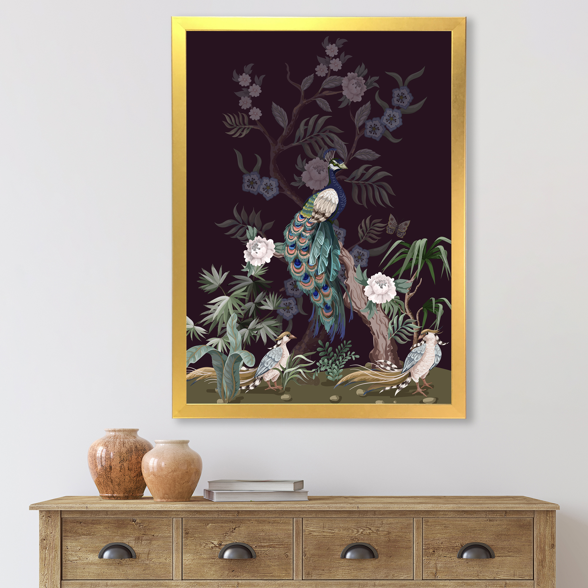 Designart 'Chinoiserie With Peonies and Birds V' Traditional Framed Art Print