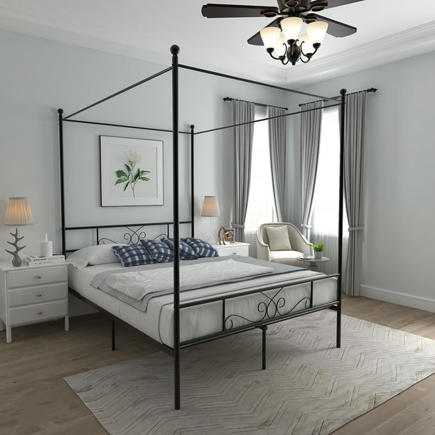 Teraves 4 Post Queen Size Canopy Bed, Can You Have A Canopy Bed With Ceiling Fan