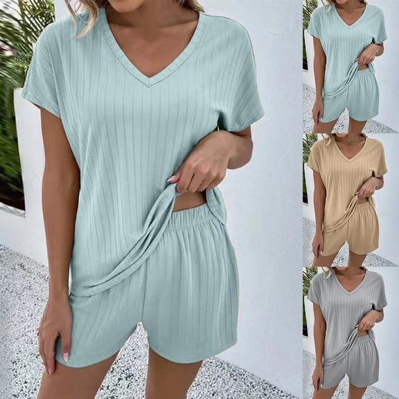 ibiyuan Short Sets for Women 2 Piece Outfits Summer Loose Lounge Set Ribbed Textured Knit Short Sleeve