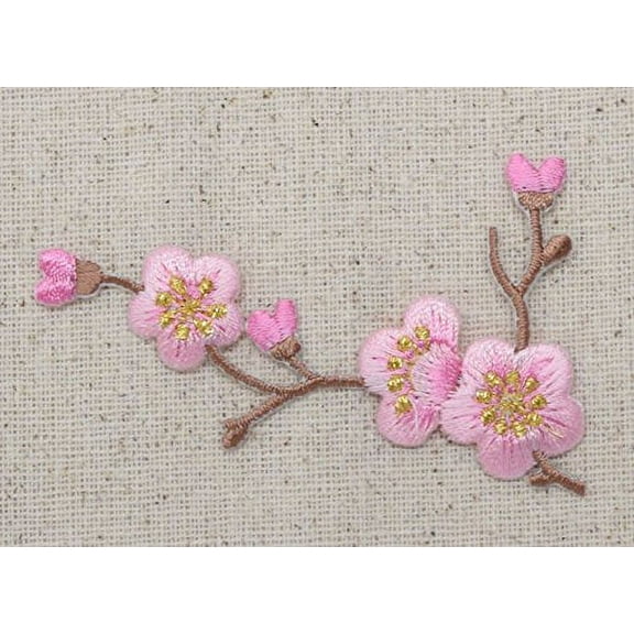 Cherry Blossom - Pink Flowers - Brown Stem - LEFT - Iron on Applique - Embroidered Patch